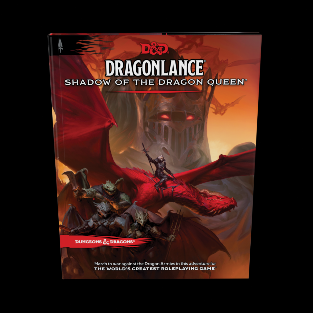 The Cover of the Dragonlance: War of the Dragon Queen Book, riders on Dragons with Lord Soth in the Background